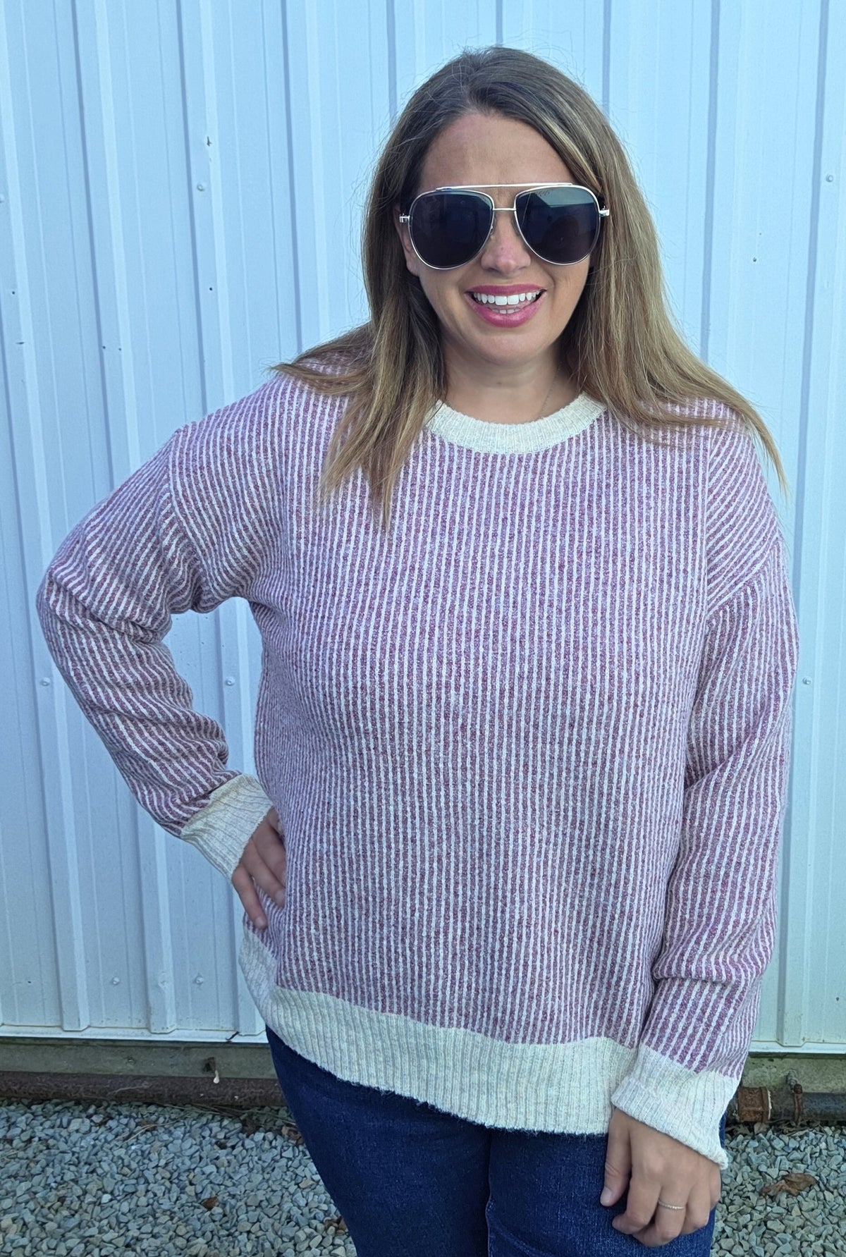 Berry Crew Neck, Long Sleeve, 2Tone Rib Textured Sweater
