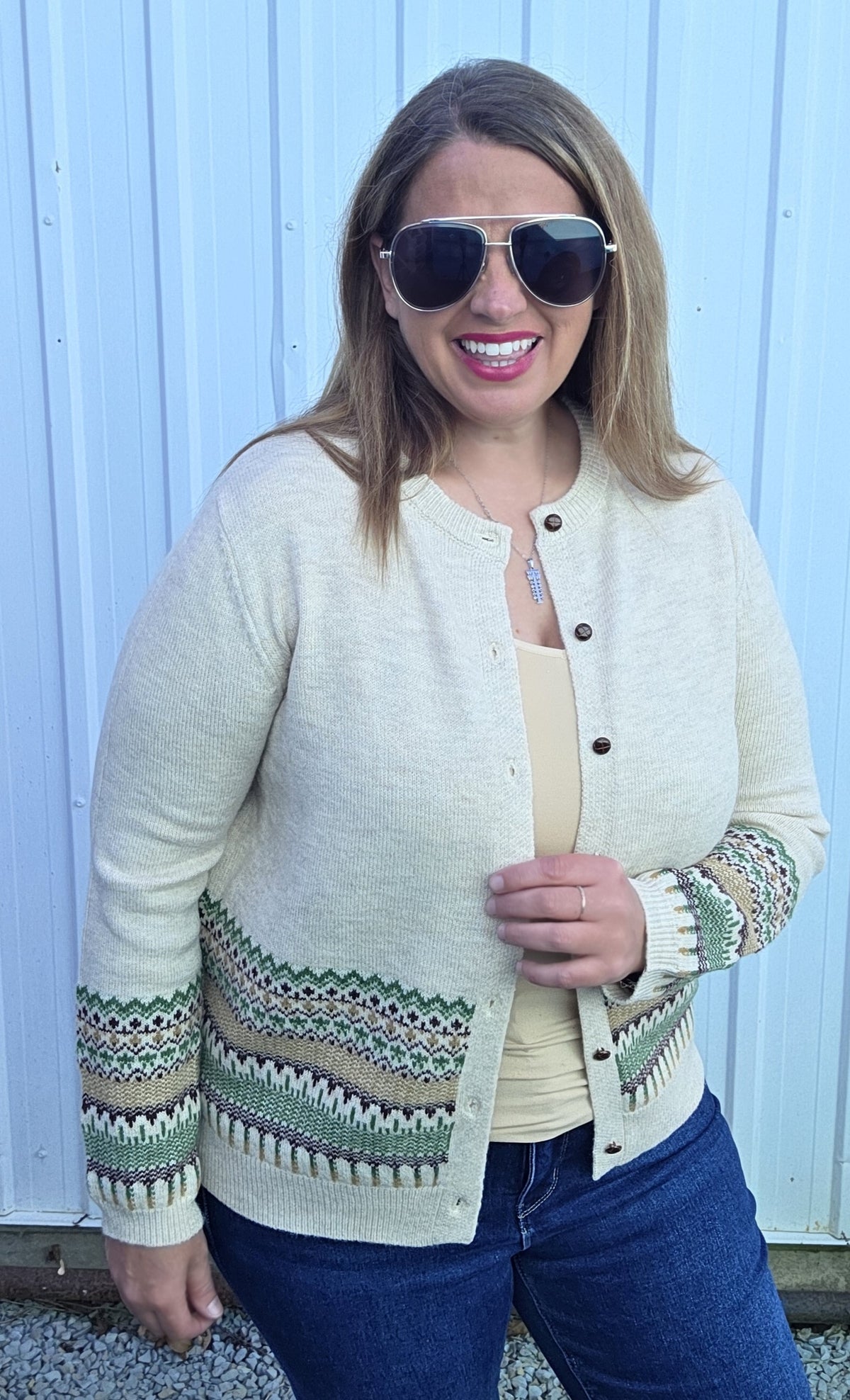 Oatmel Nordic, Jacquarded, Crew Nk, Button Down Cardigan