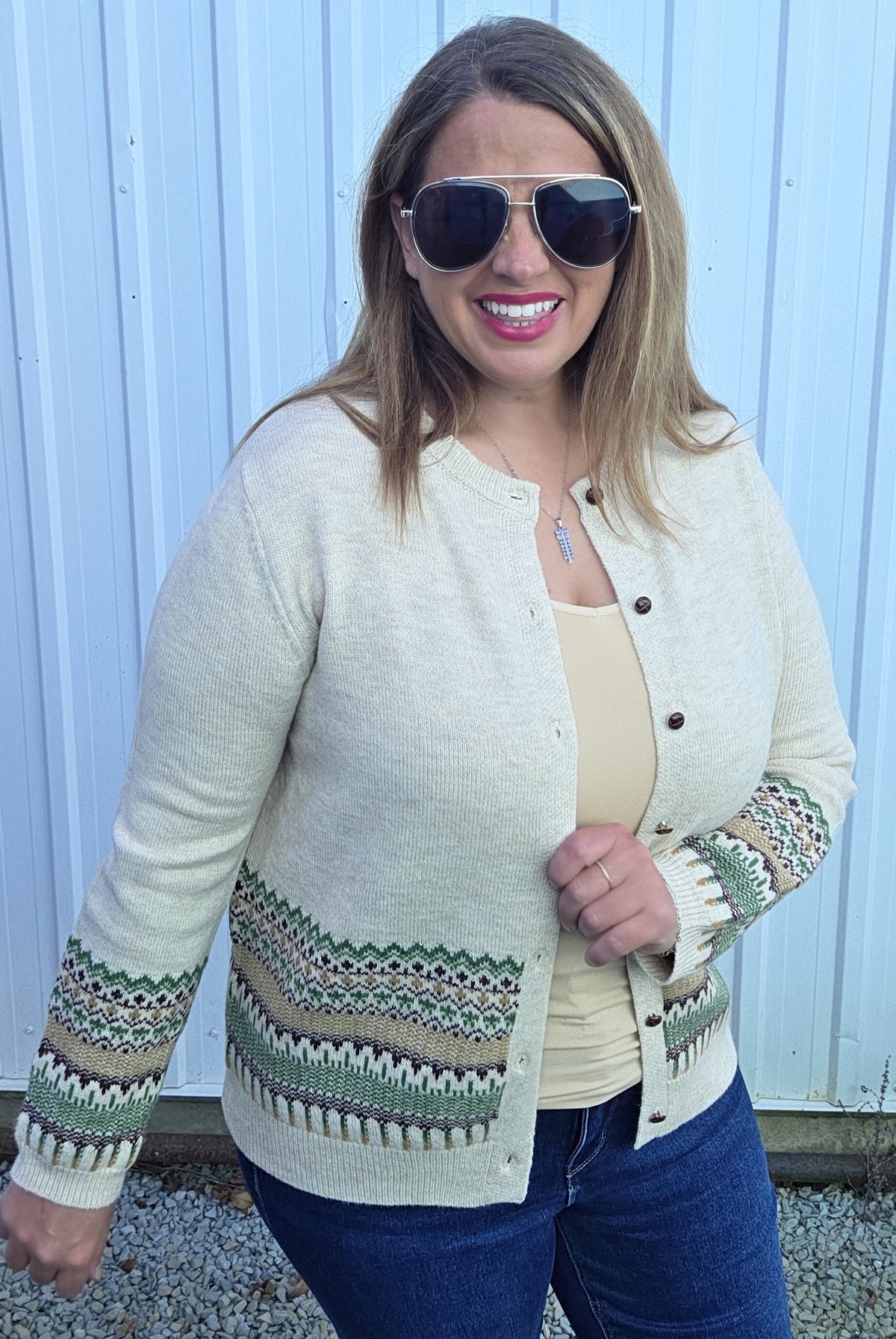 Oatmel Nordic, Jacquarded, Crew Nk, Button Down Cardigan