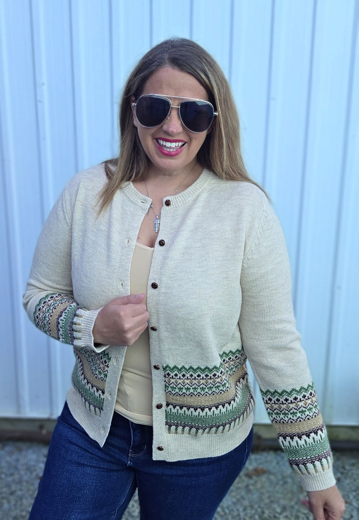 Oatmel Nordic, Jacquarded, Crew Nk, Button Down Cardigan