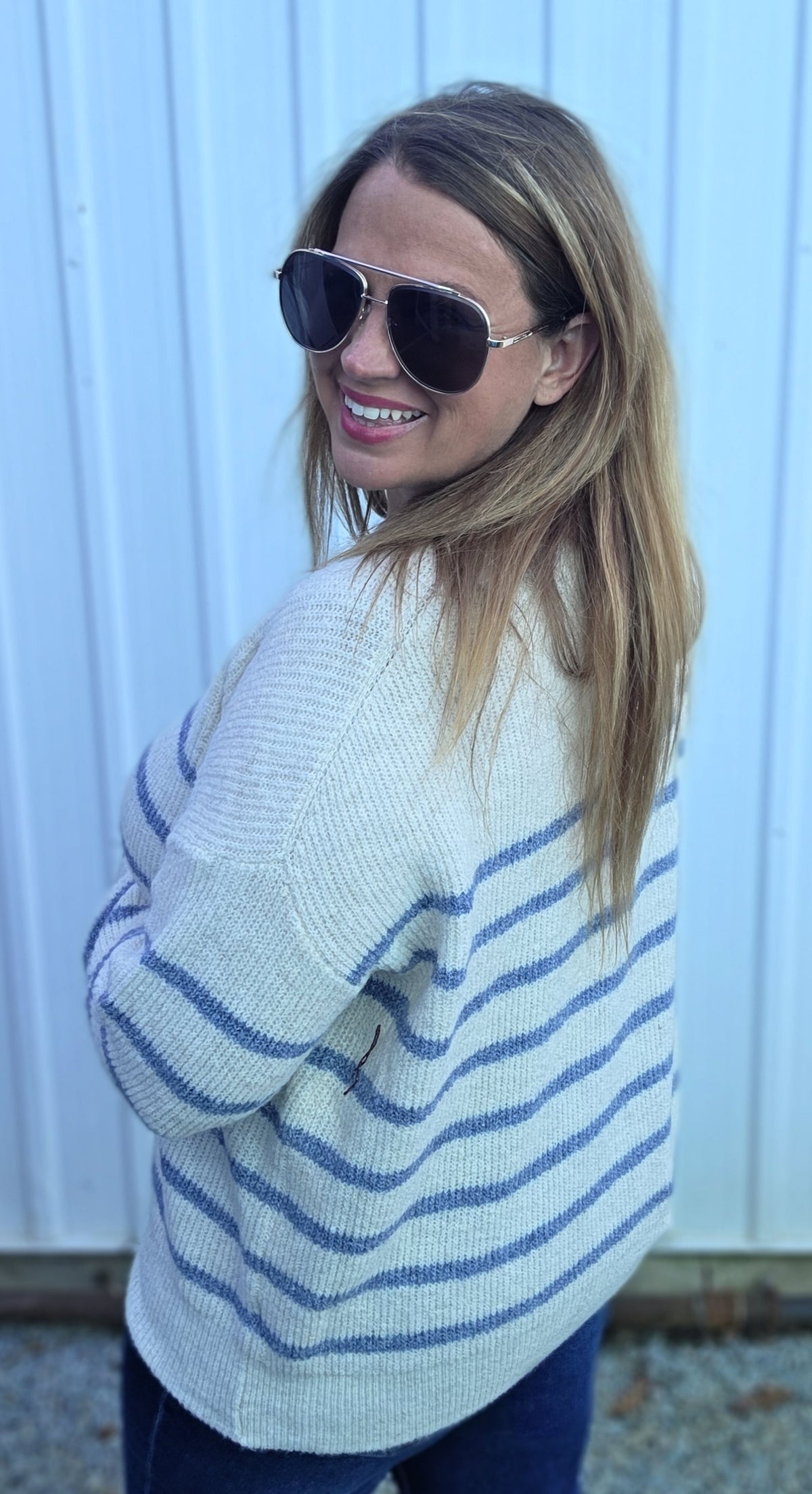 Oatmeal/Blue Crew Neck, Long Sleeve, Relax Fit, Super Cozy Striped Sweater
