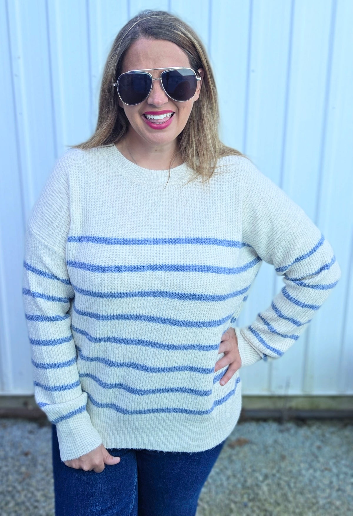 Oatmeal/Blue Crew Neck, Long Sleeve, Relax Fit, Super Cozy Striped Sweater