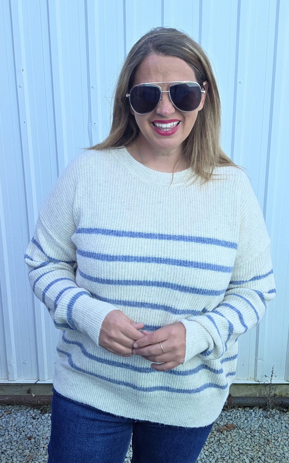 Oatmeal/Blue Crew Neck, Long Sleeve, Relax Fit, Super Cozy Striped Sweater