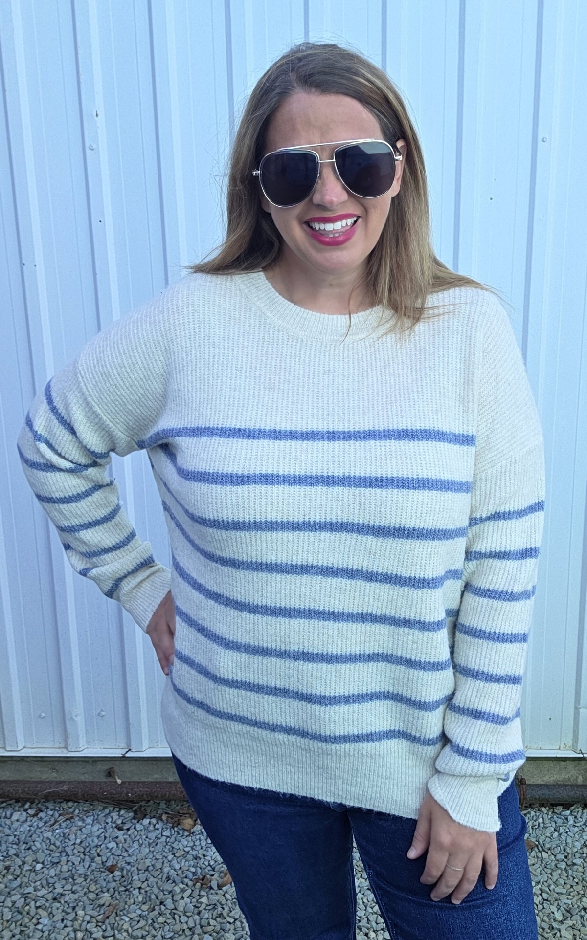 Oatmeal/Blue Crew Neck, Long Sleeve, Relax Fit, Super Cozy Striped Sweater