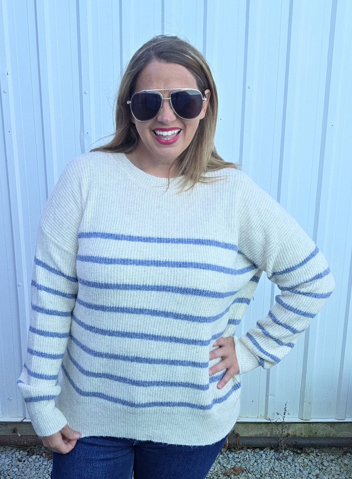 Oatmeal/Blue Crew Neck, Long Sleeve, Relax Fit, Super Cozy Striped Sweater