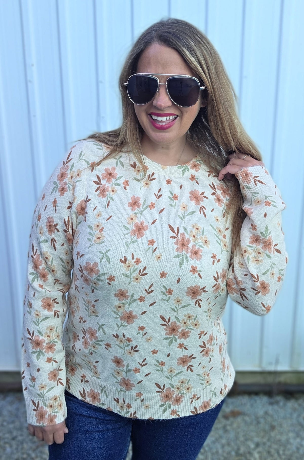 Oatmeal Flower Print, Crew Nk, Pullover Sweater