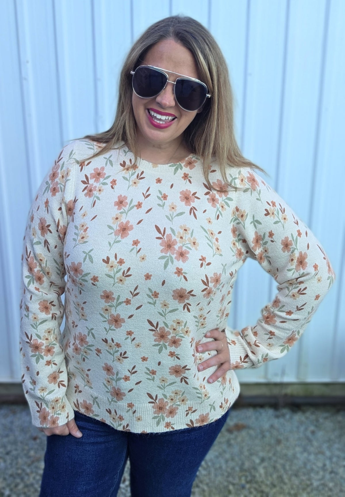 Oatmeal Flower Print, Crew Nk, Pullover Sweater