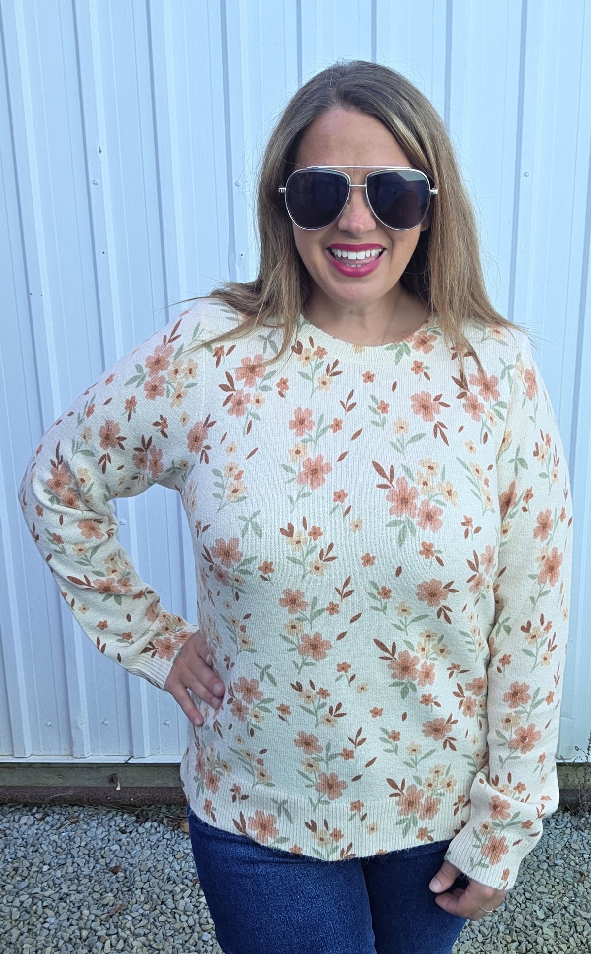 Oatmeal Flower Print, Crew Nk, Pullover Sweater