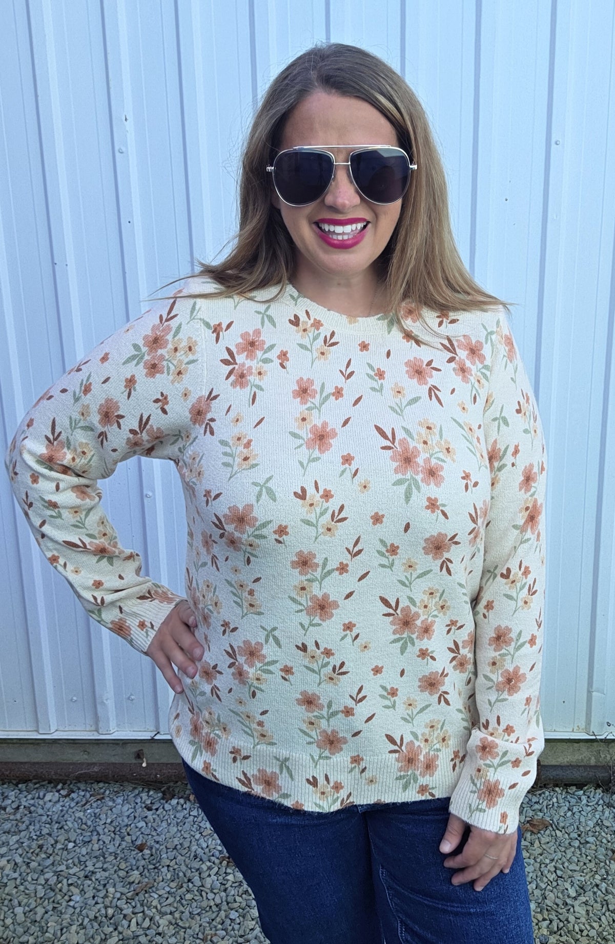 Oatmeal Flower Print, Crew Nk, Pullover Sweater