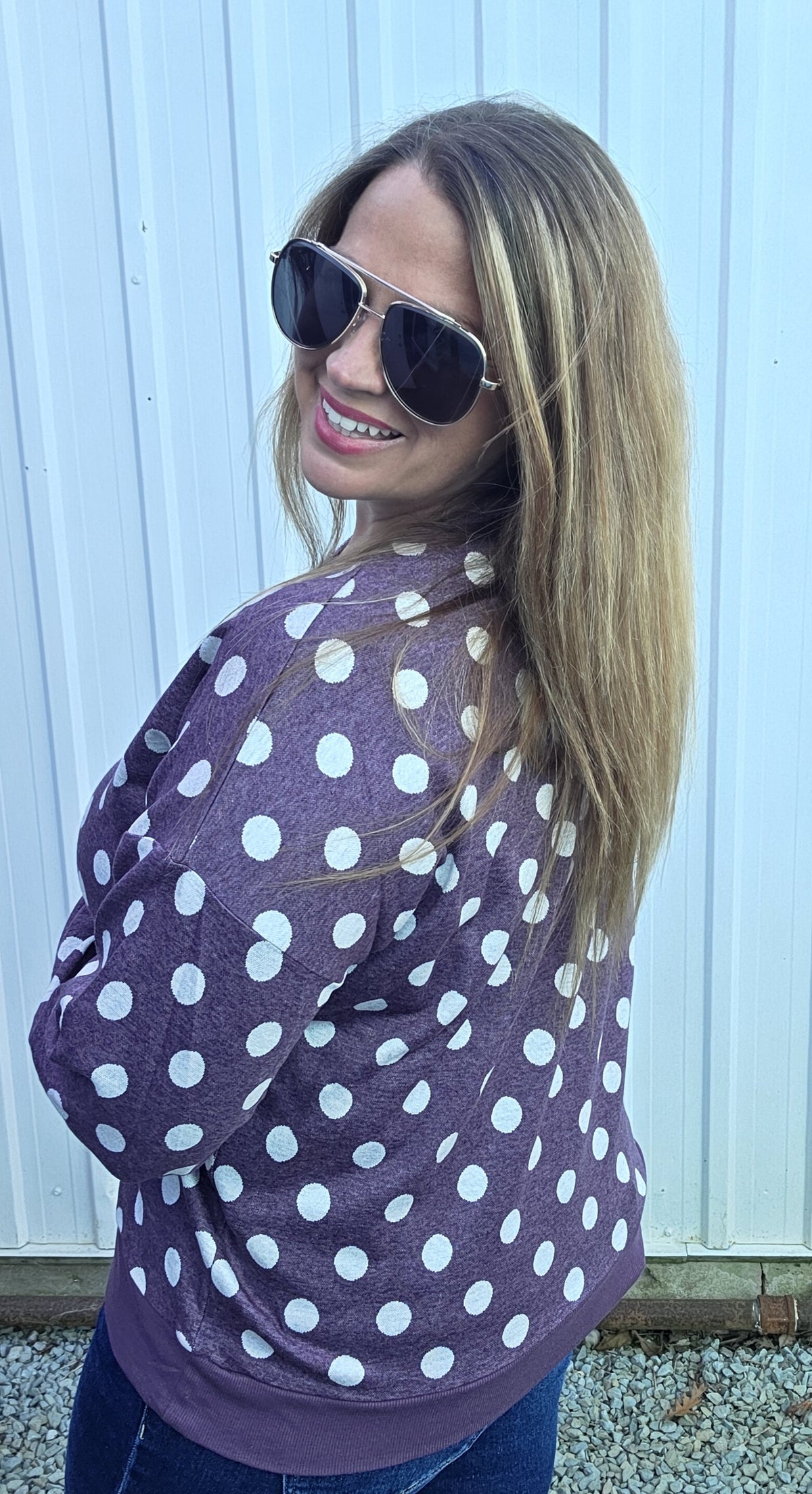 Eggplant Crew Nk, Long Sleeve , Polka Dot Sweatshirt