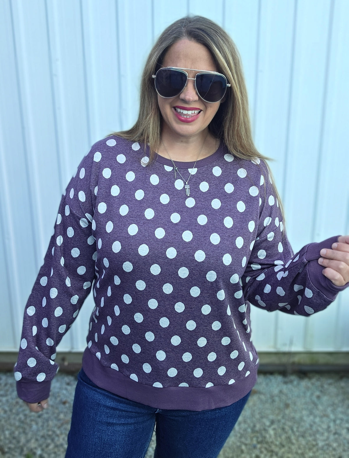 Eggplant Crew Nk, Long Sleeve , Polka Dot Sweatshirt