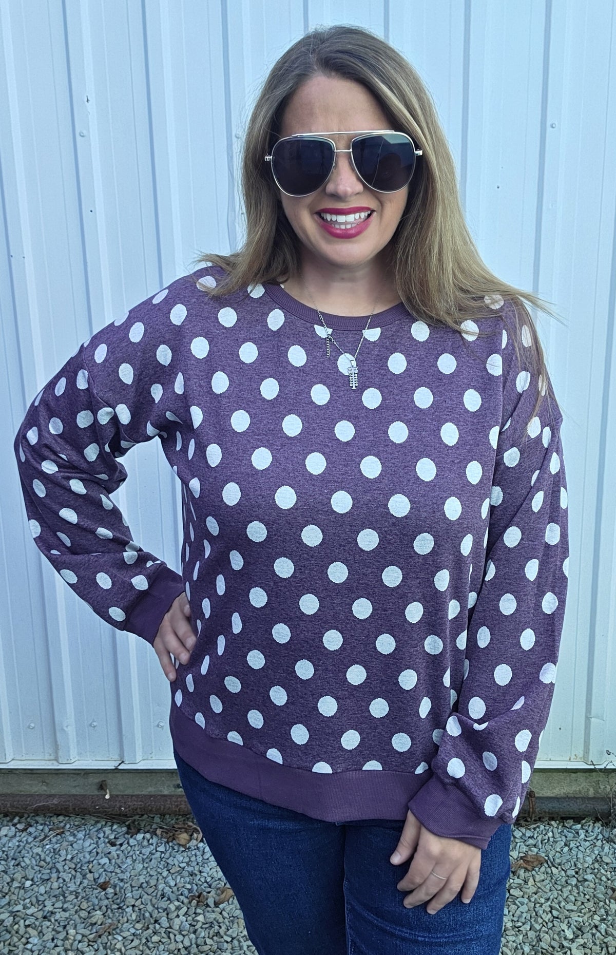 Eggplant Crew Nk, Long Sleeve , Polka Dot Sweatshirt