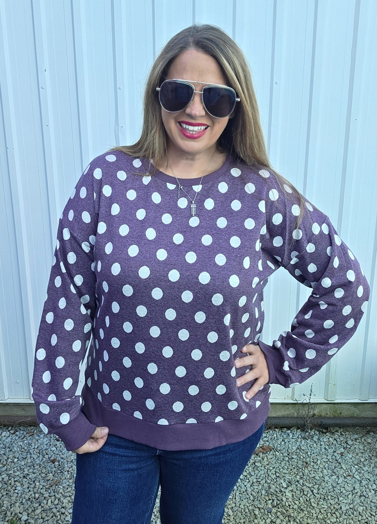 Eggplant Crew Nk, Long Sleeve , Polka Dot Sweatshirt