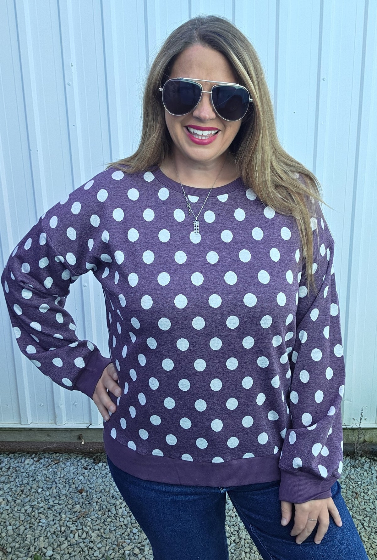 Eggplant Crew Nk, Long Sleeve , Polka Dot Sweatshirt