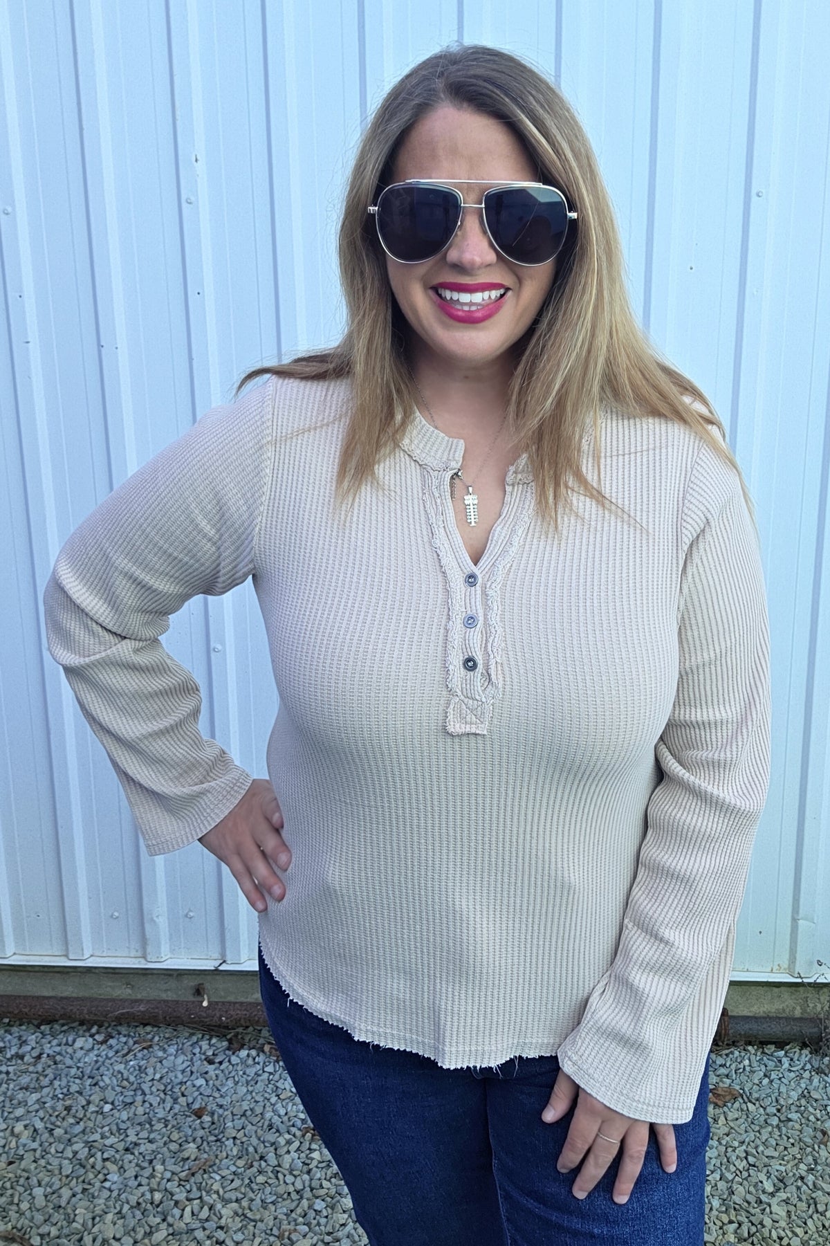 Taupe Waffle Texture V Neck Button Knit Top