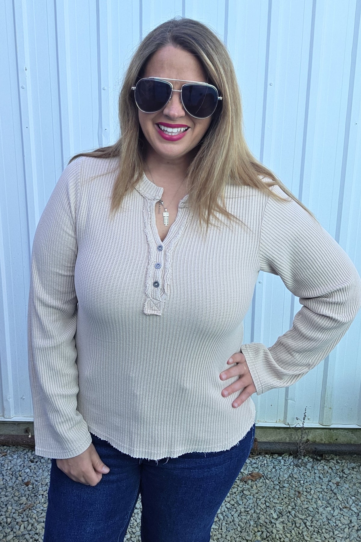 Taupe Waffle Texture V Neck Button Knit Top