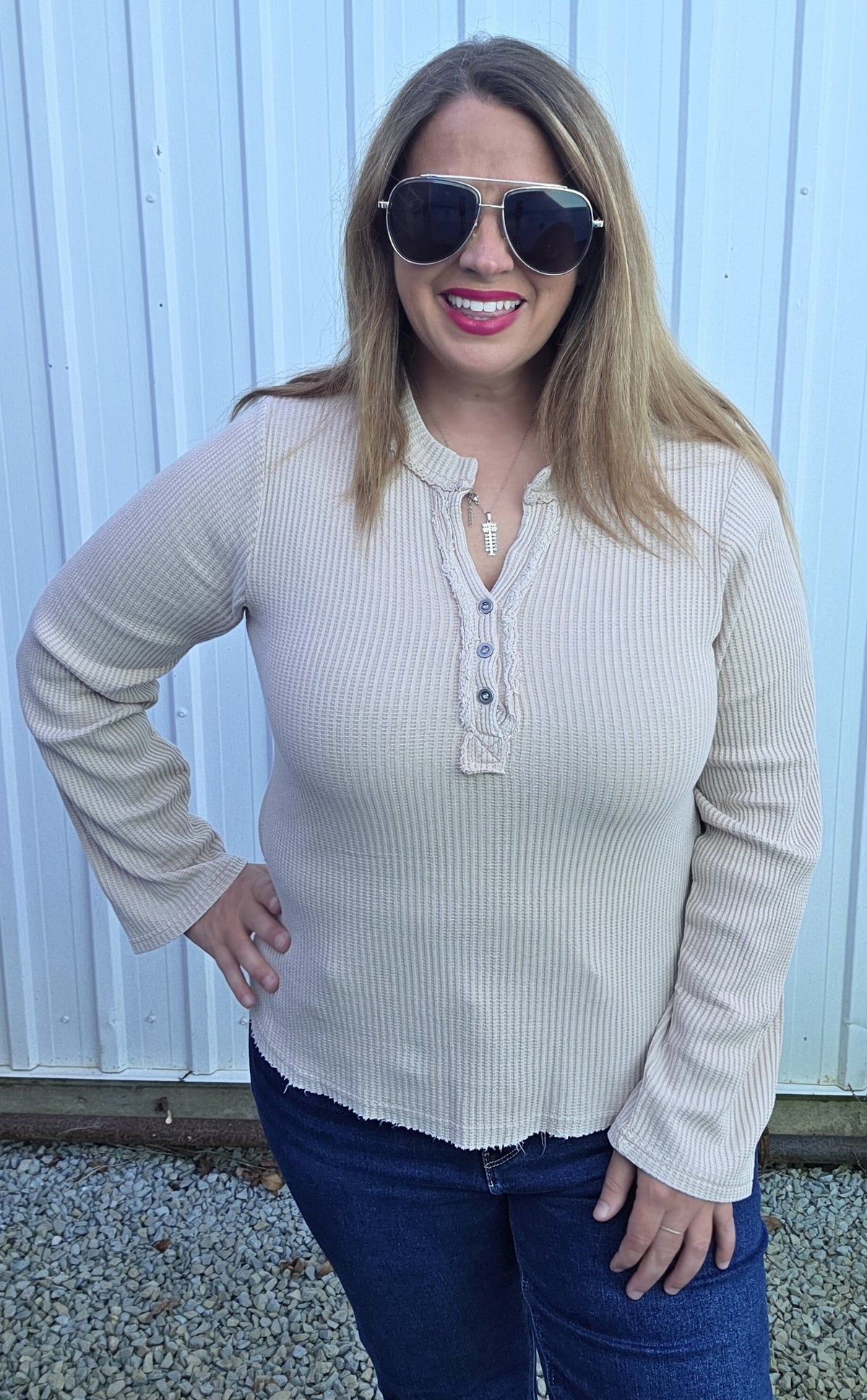 Taupe Waffle Texture V Neck Button Knit Top
