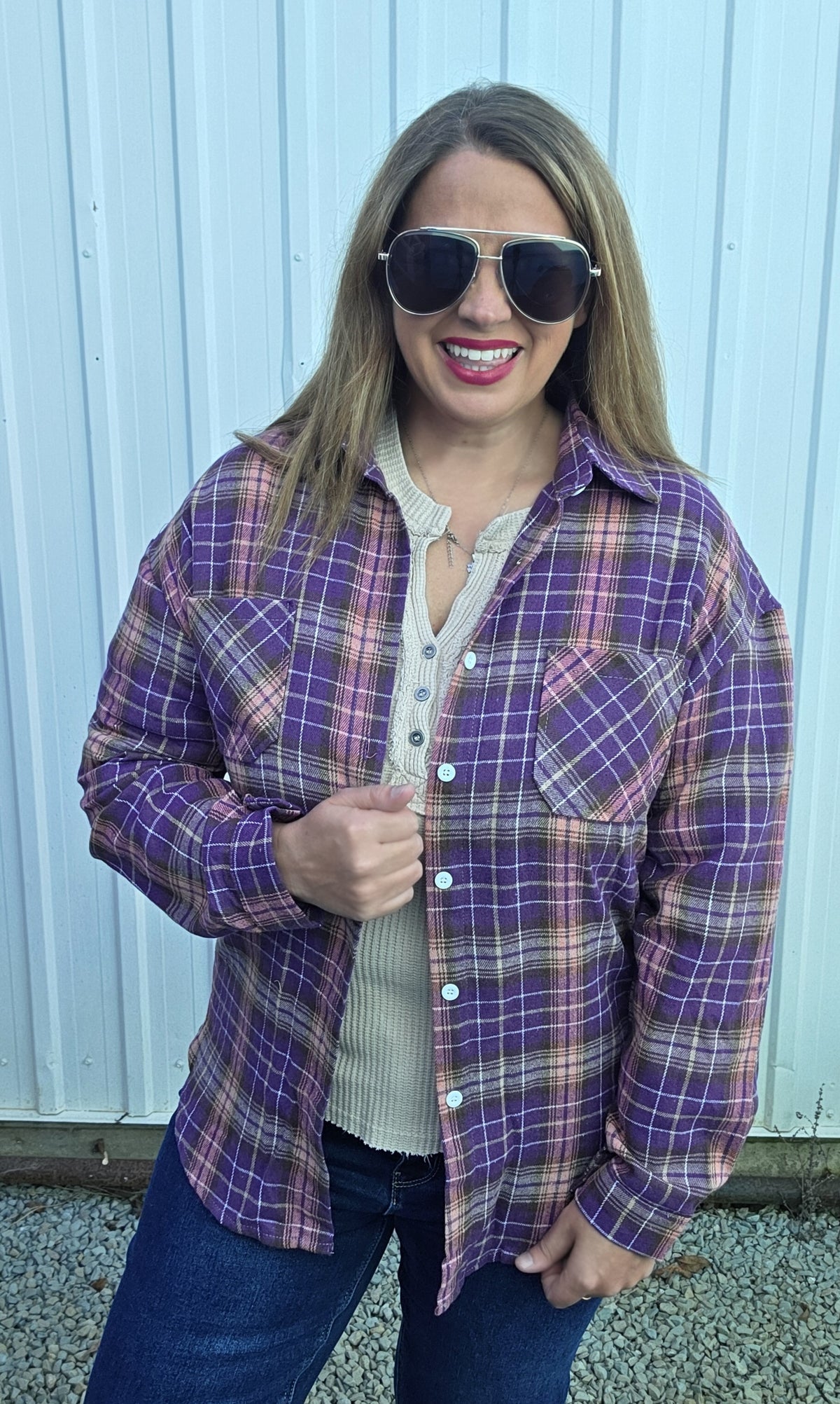 PLUM PLAID FLANNEL BUTTON UP