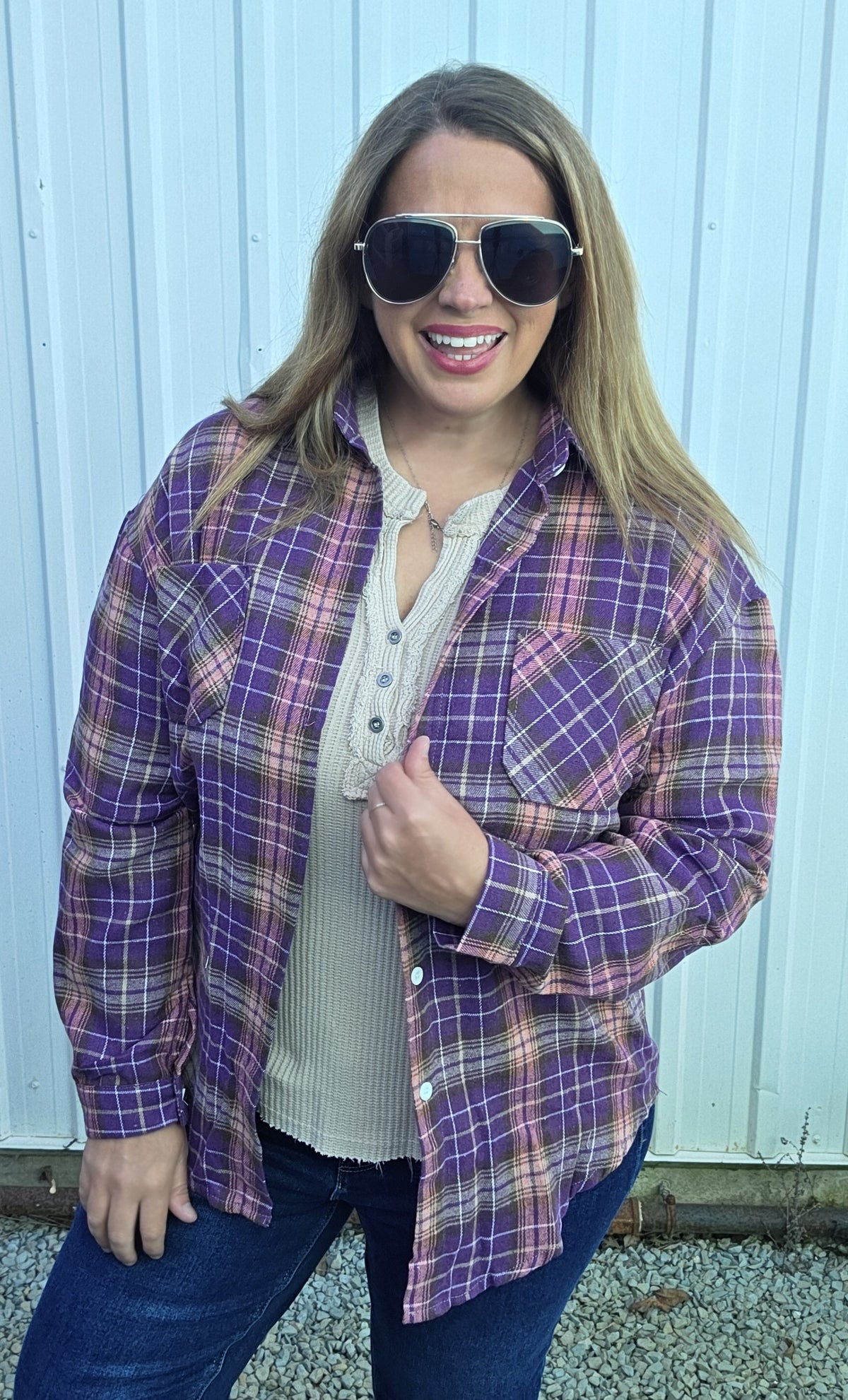PLUM PLAID FLANNEL BUTTON UP