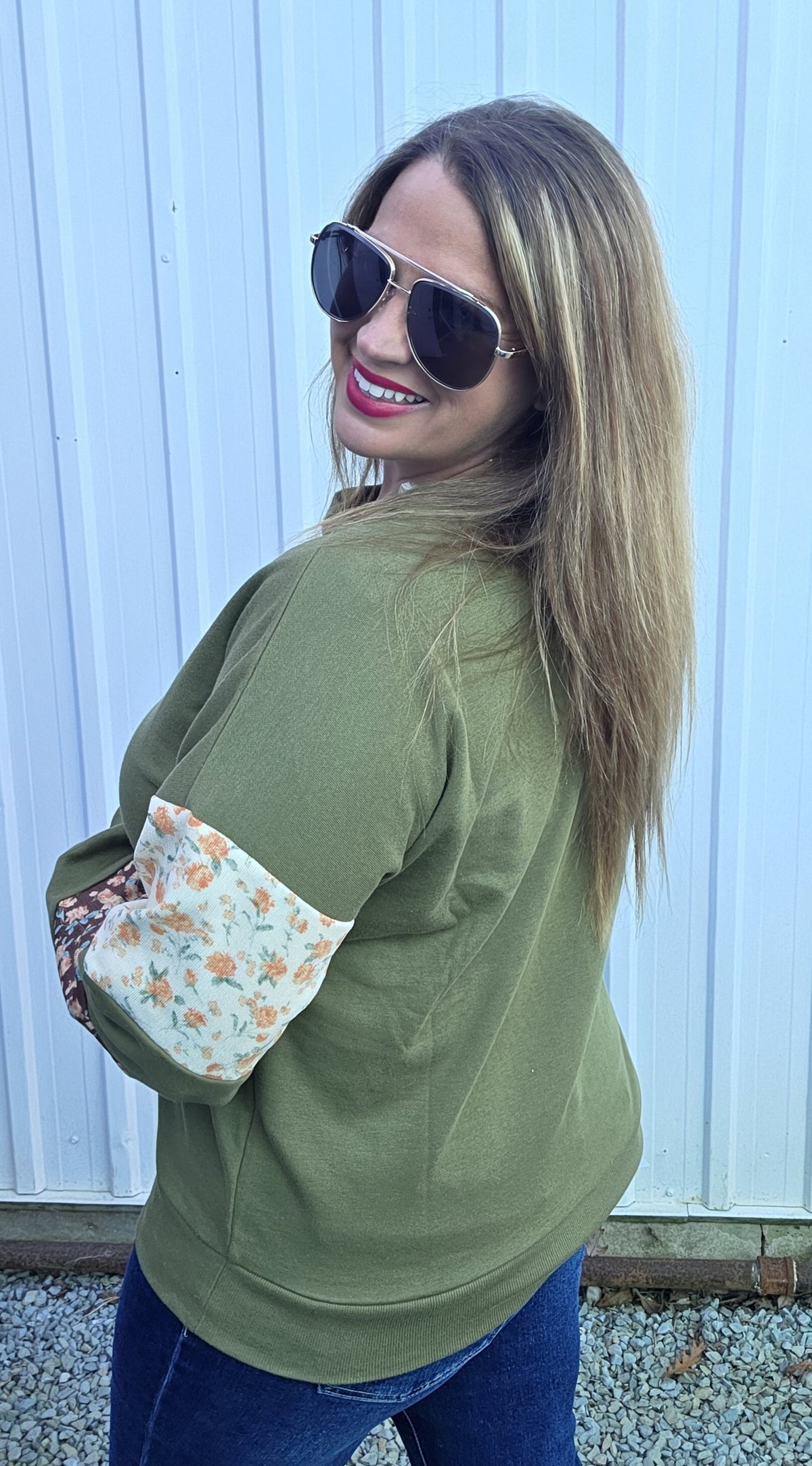 Olive Crew Neck, French Terry Mixed Floral Print Pullover