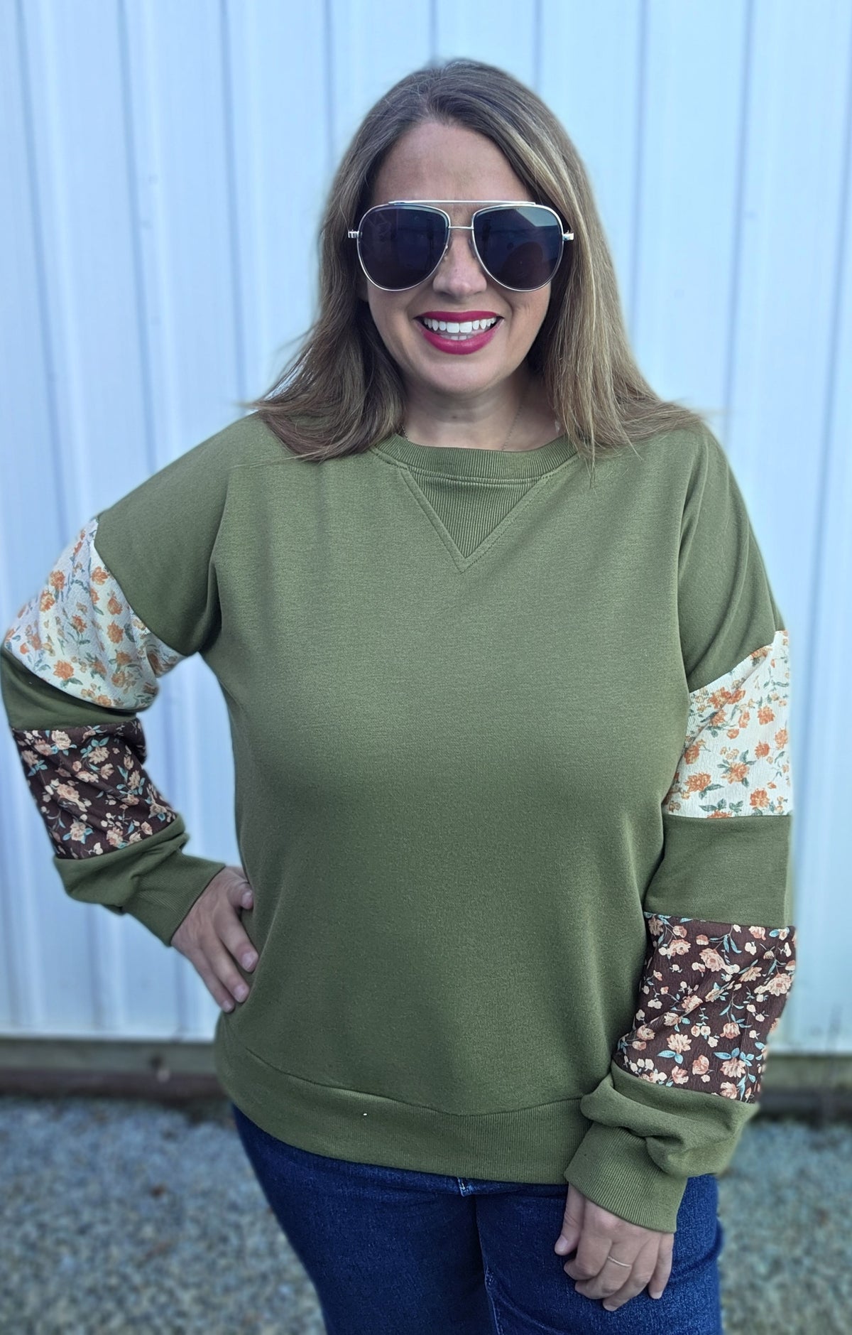 Olive Crew Neck, French Terry Mixed Floral Print Pullover