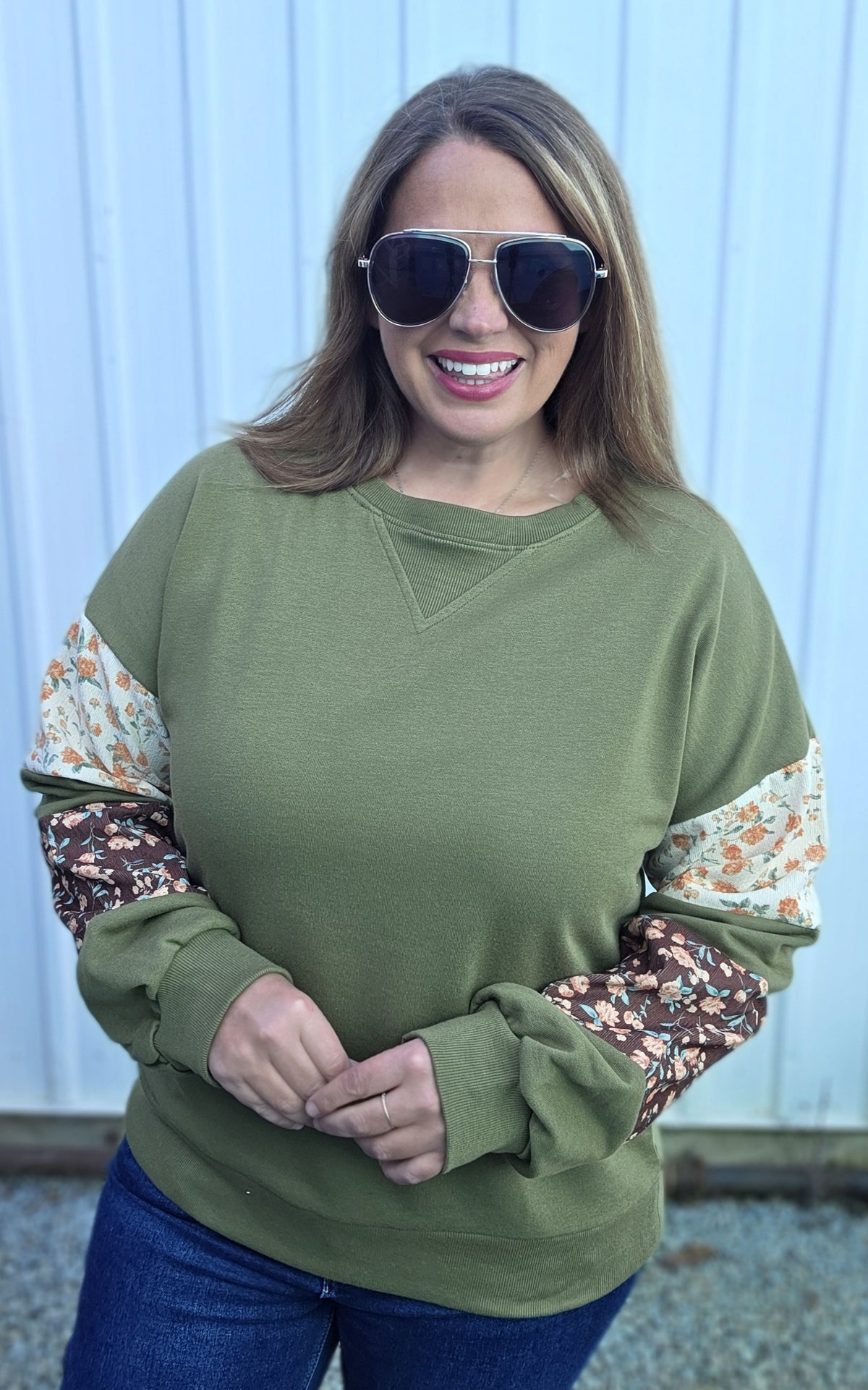 Olive Crew Neck, French Terry Mixed Floral Print Pullover