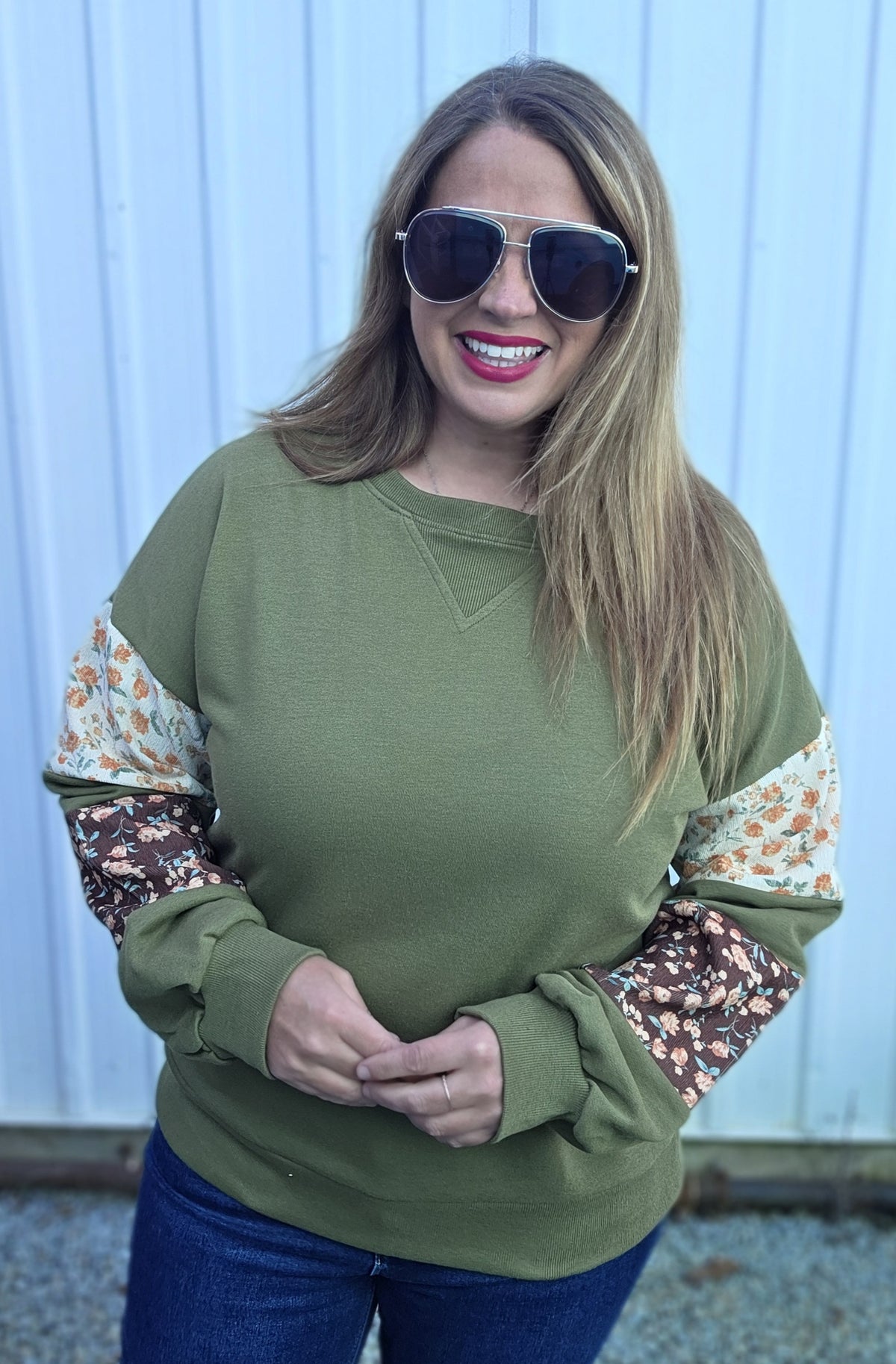 Olive Crew Neck, French Terry Mixed Floral Print Pullover