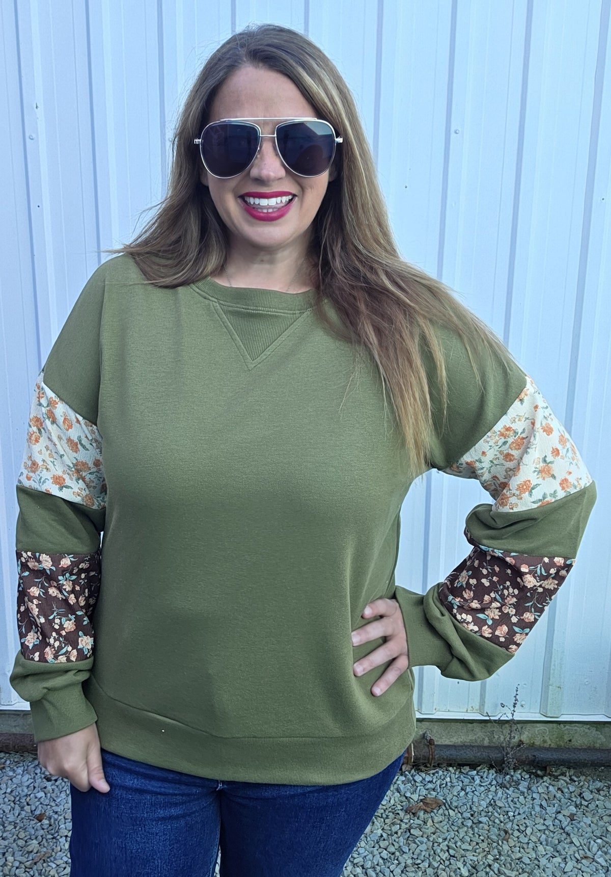 Olive Crew Neck, French Terry Mixed Floral Print Pullover