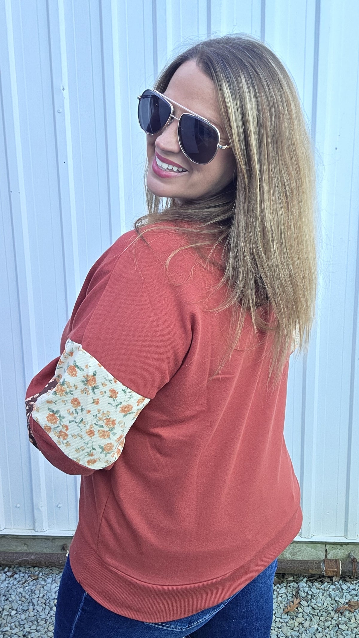 Rust Crew Neck, Terry Mixed Floral Print Pullover