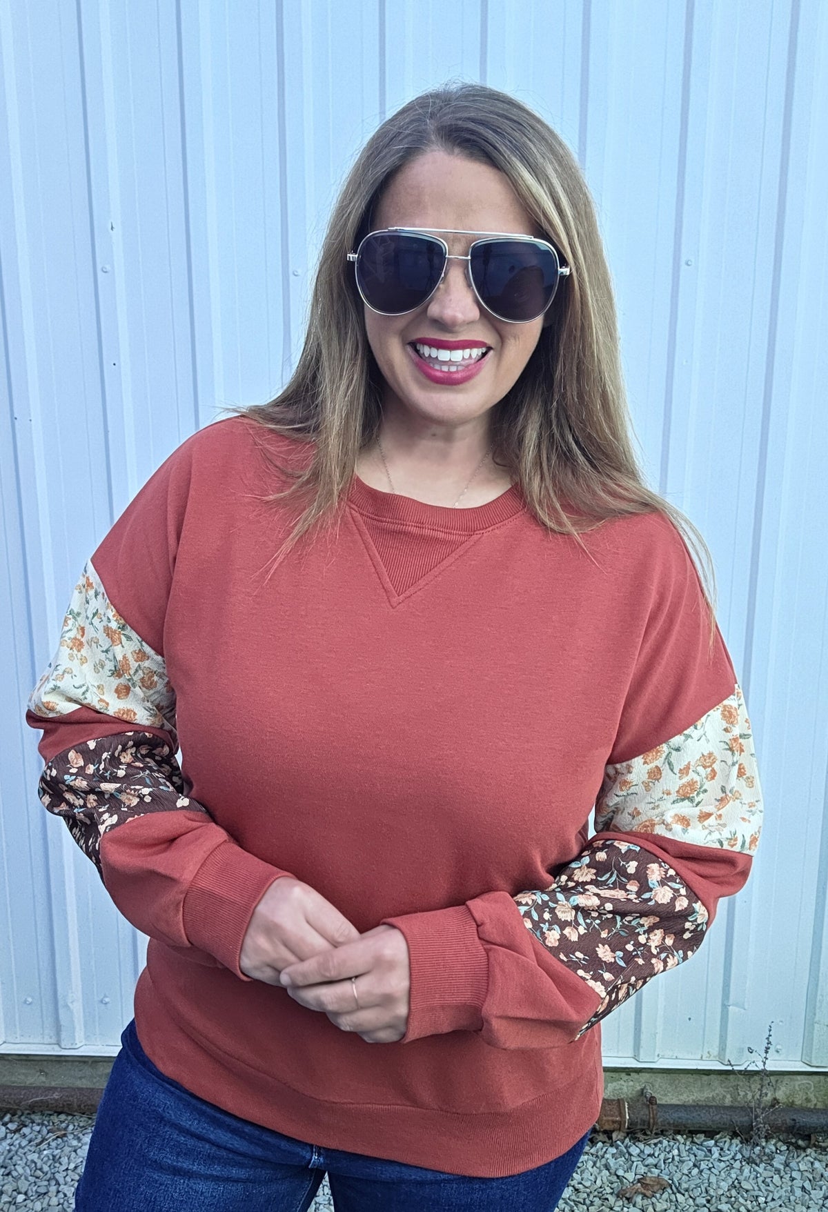 Rust Crew Neck, Terry Mixed Floral Print Pullover