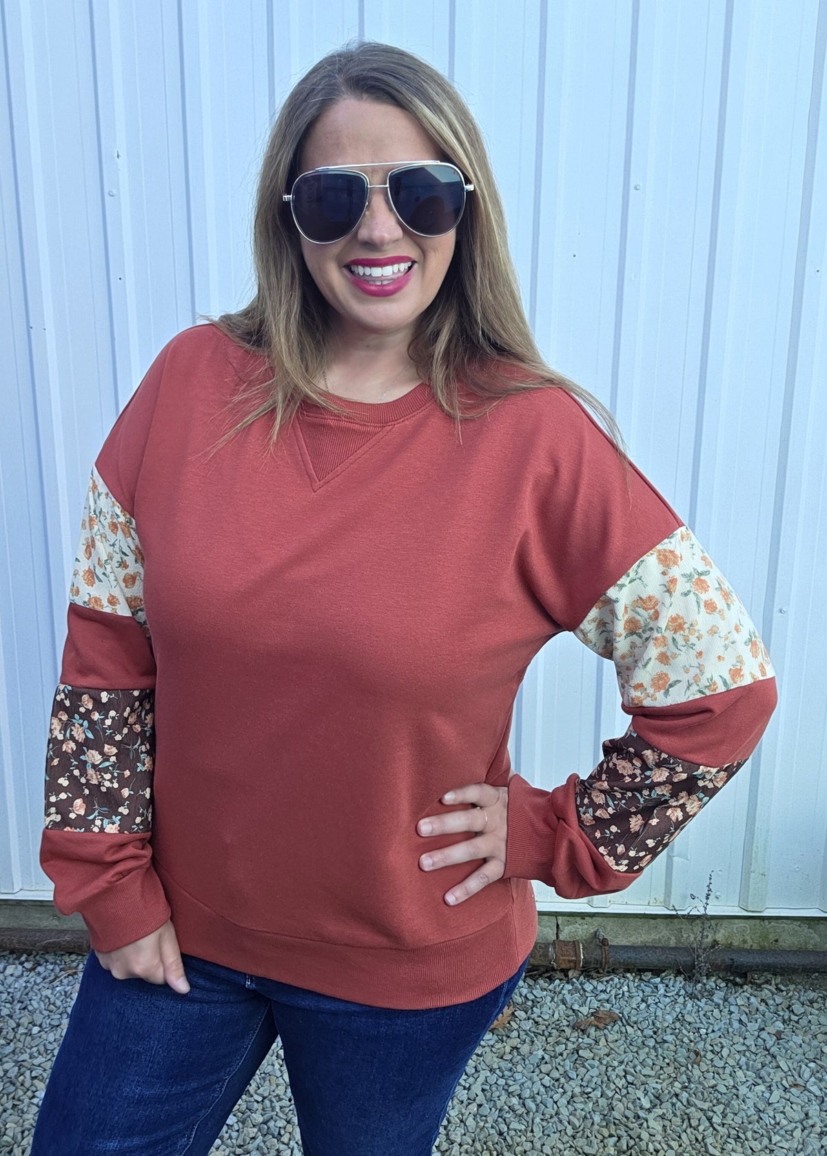 Rust Crew Neck, Terry Mixed Floral Print Pullover