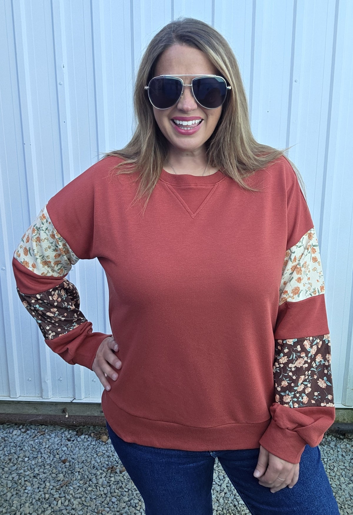 Rust Crew Neck, Terry Mixed Floral Print Pullover