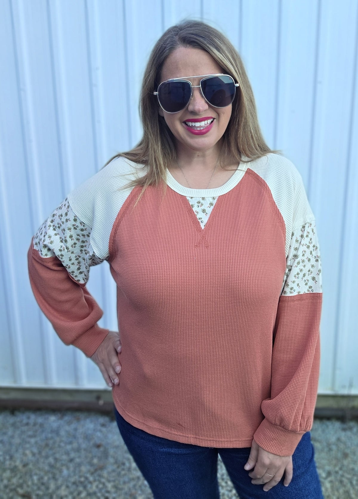 Lt Rust Crew Neck, Raglan Sleeve, Thermal Mixed Floral Print Top