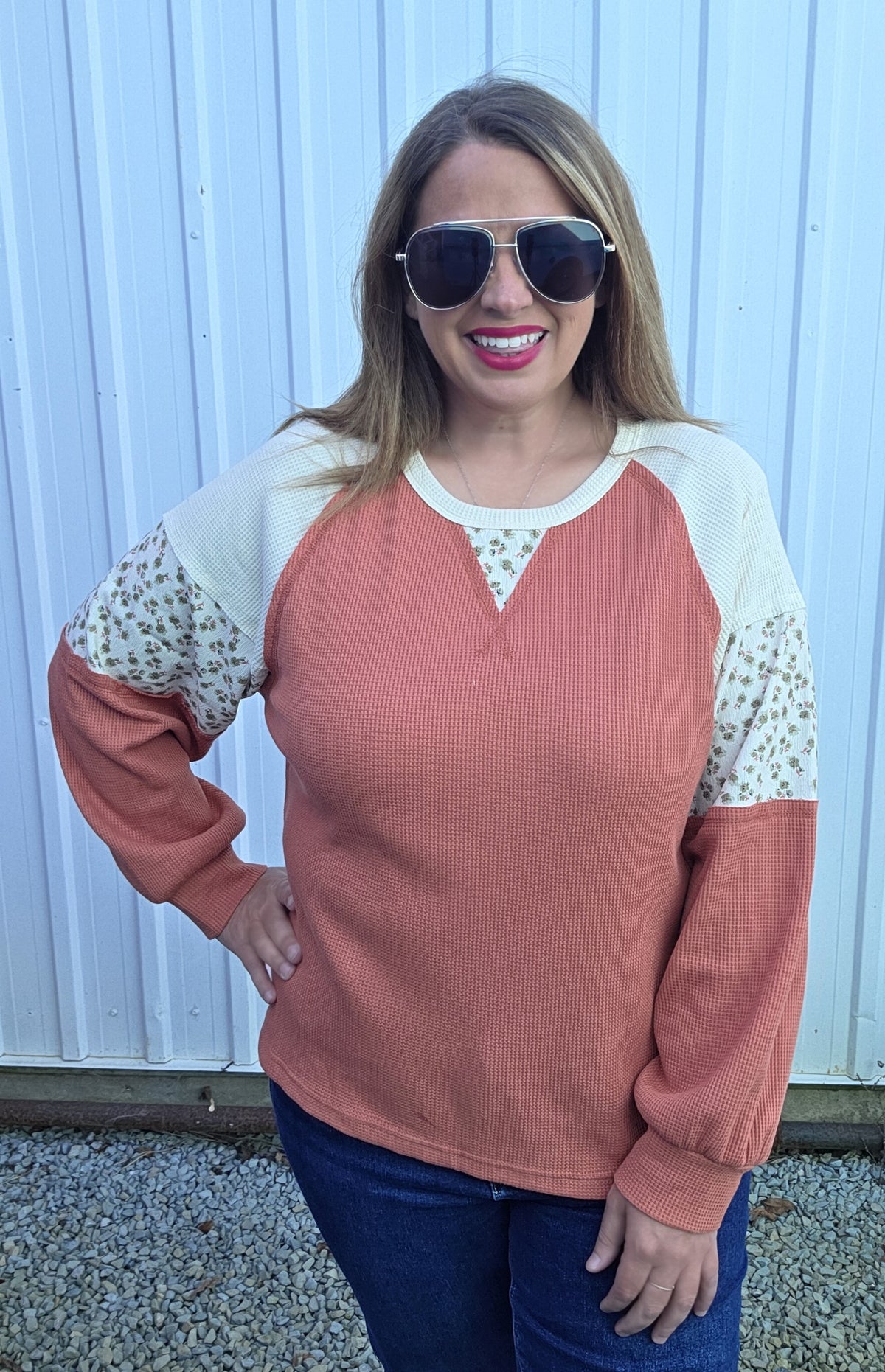 Lt Rust Crew Neck, Raglan Sleeve, Thermal Mixed Floral Print Top