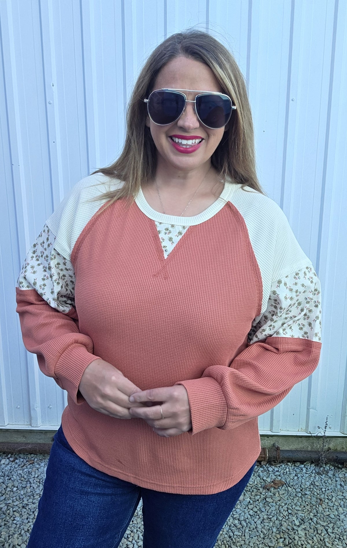 Lt Rust Crew Neck, Raglan Sleeve, Thermal Mixed Floral Print Top