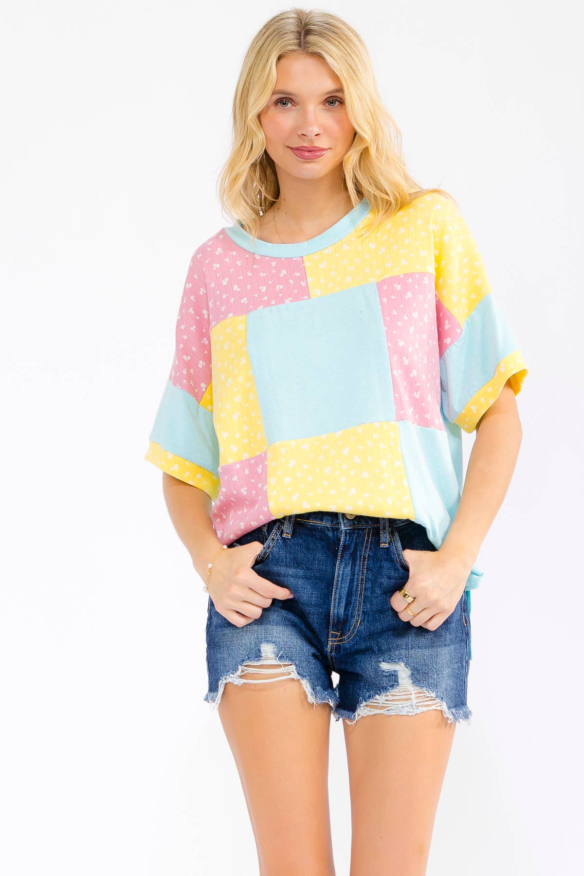 7th Ray - Floral Patchwork Short Sleeve Top T6303: Aqua / S