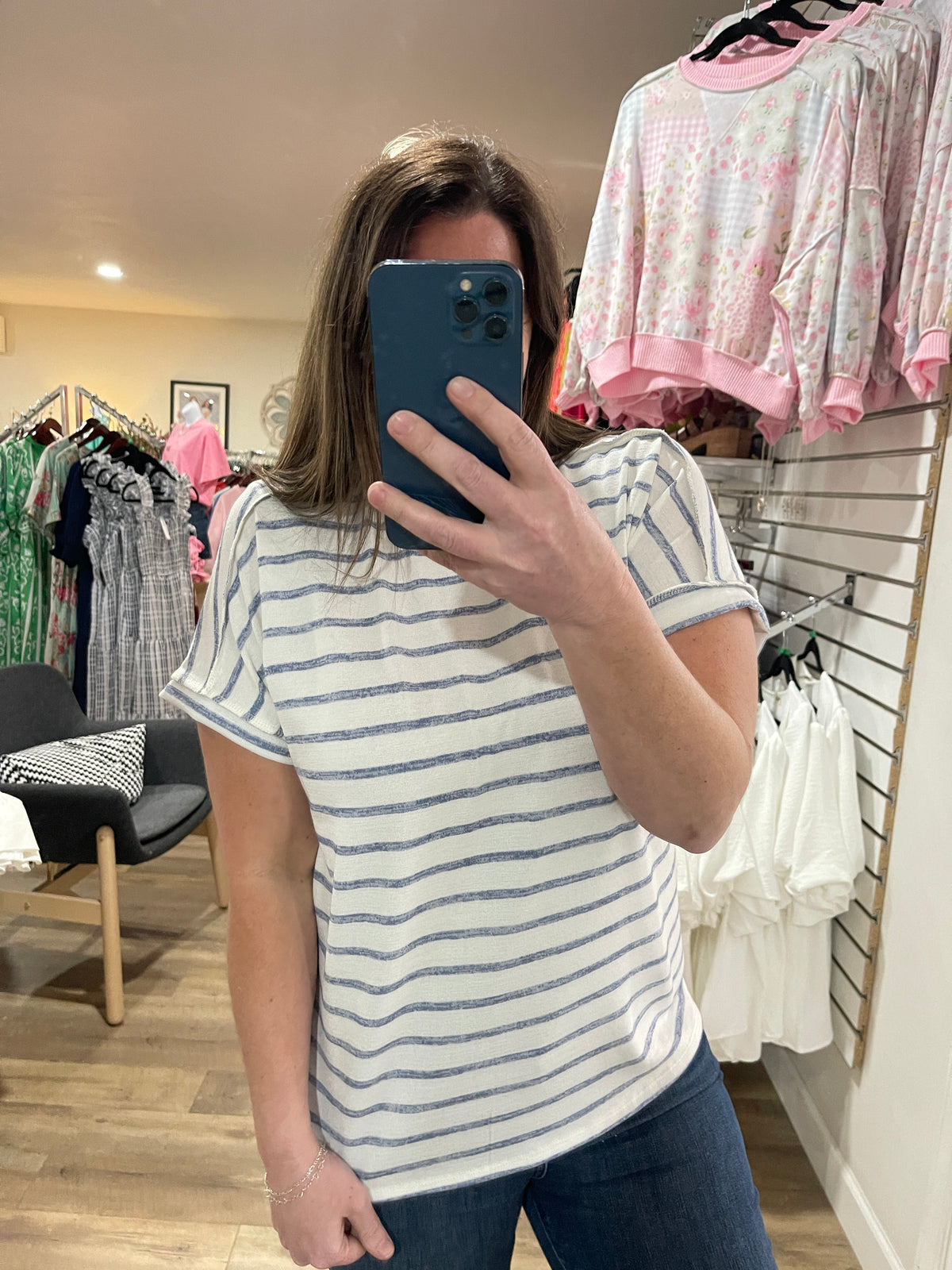 BLUE STRIPED KNIT SHORT SLEEVE TOP