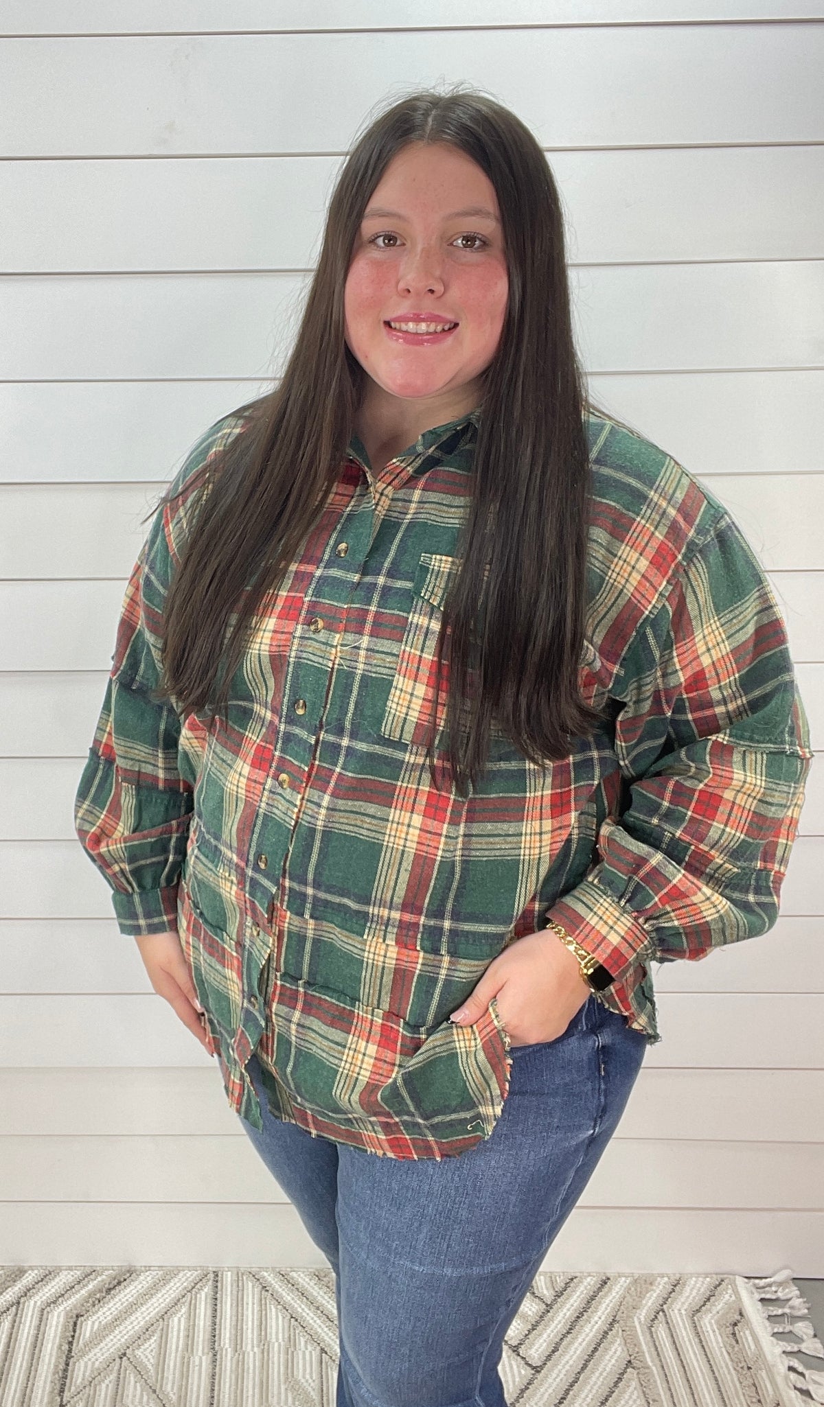 PINE GREEN PLAID OVERSIZED BUTTON DOWN FLANNEL