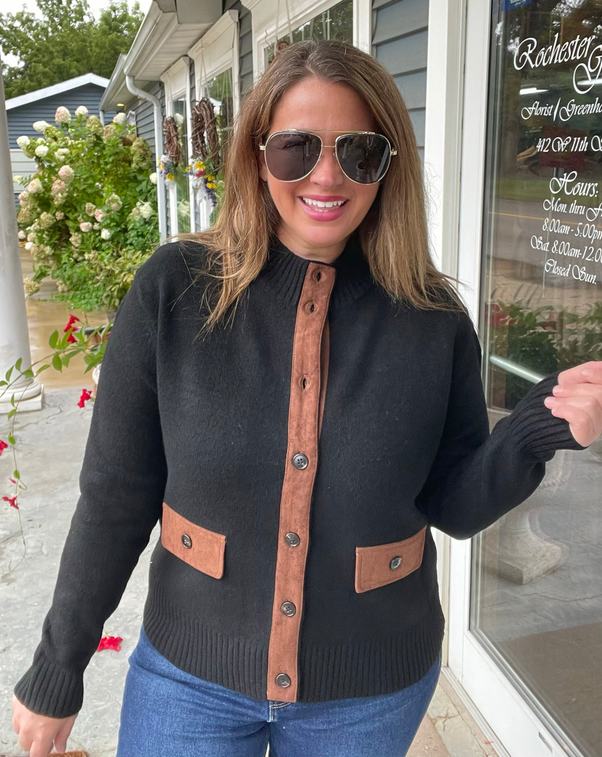 Black Mock Neck Suede Trim Button Down Sweater Jacket
