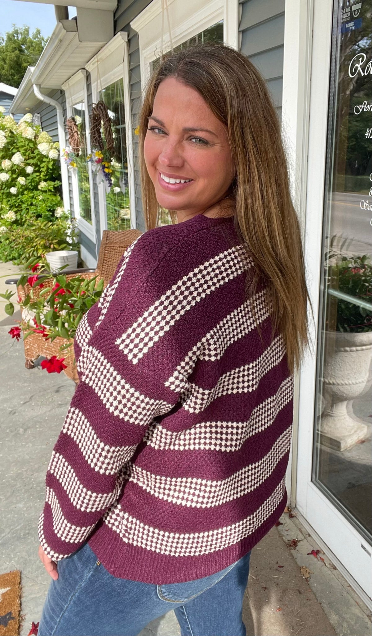 DARK PLUM V-Neck Long Sleeve Relaxed Fit Waffle Texture Striped Sweater