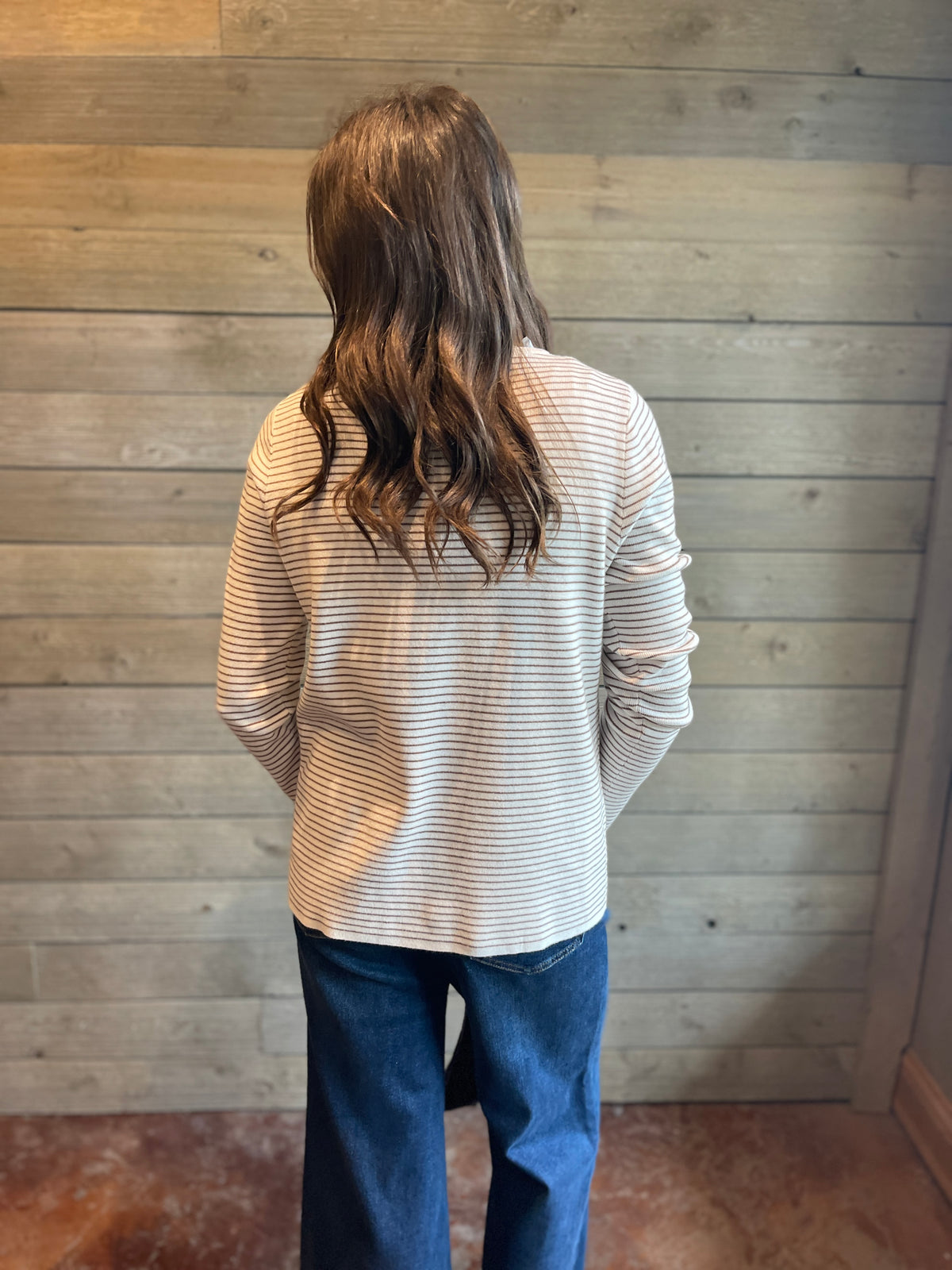 IVORY/MOCHA Long SleeveCrew Neck Pinstriped Sweater