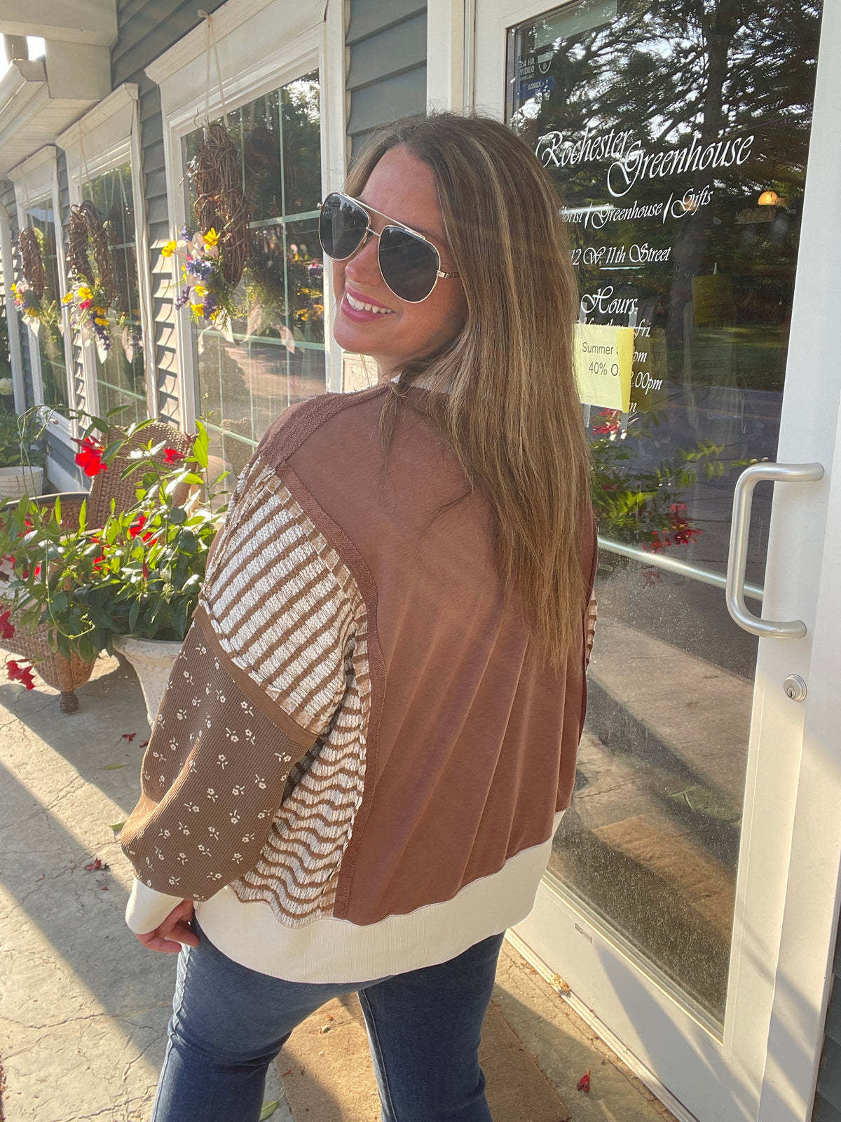 MOCHA STRIPED & FLORAL LOOSE FIT FRENCH TERRY TOP