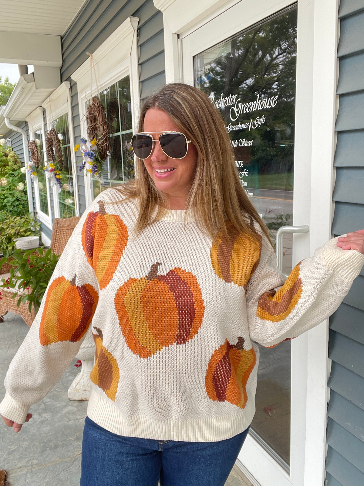 IVORY/RUST Round Neck Drop Shoulder Long Sleeve Pumpkin Jacquard Sweater Top