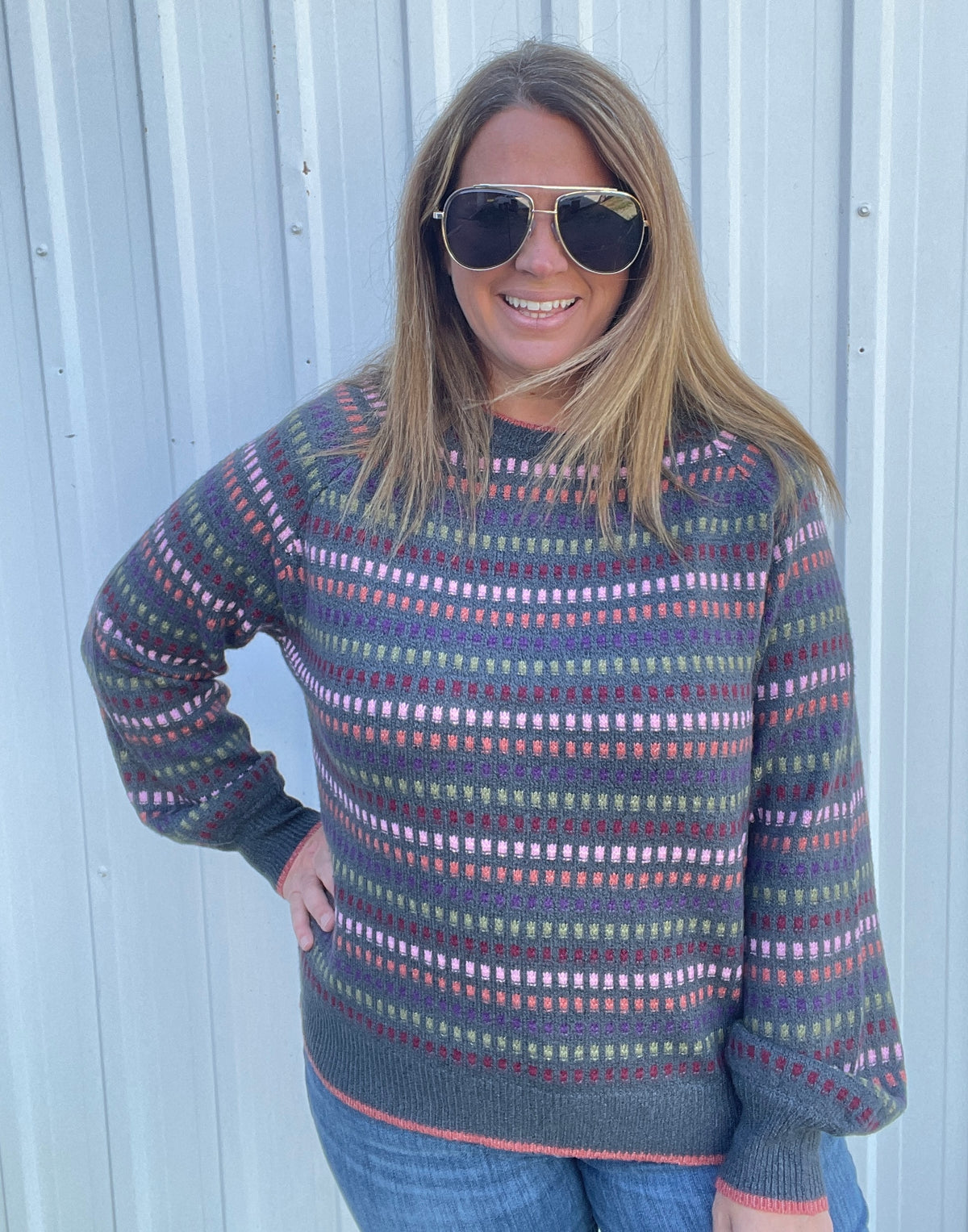 GUN METAL Multi Color Texture Striped Crew Neck Long Balloon Sweater