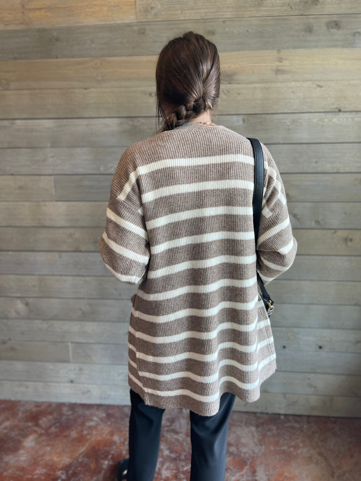 Dark Taupe/ Cream Striped Long Oversized Cardigan with Pockets