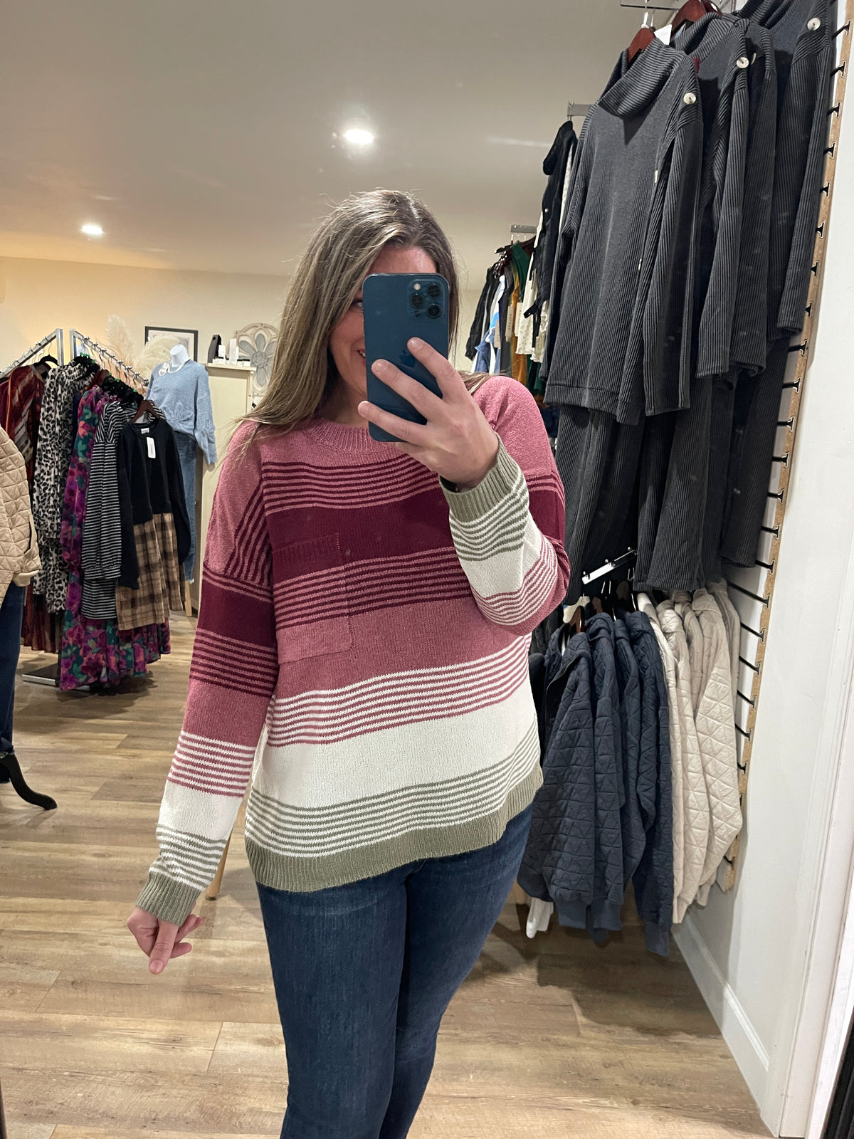 ROSE/BURGUNDY MULTI COLOR STRIPED PULLOVER LIGTH WEIGHT SWEATER