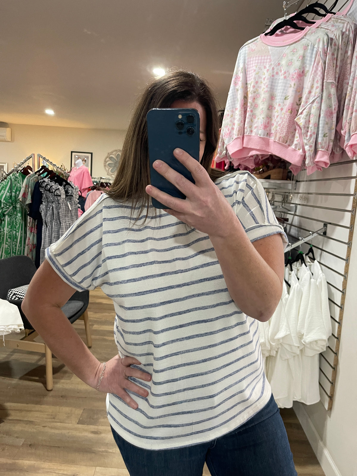 BLUE STRIPED KNIT SHORT SLEEVE TOP