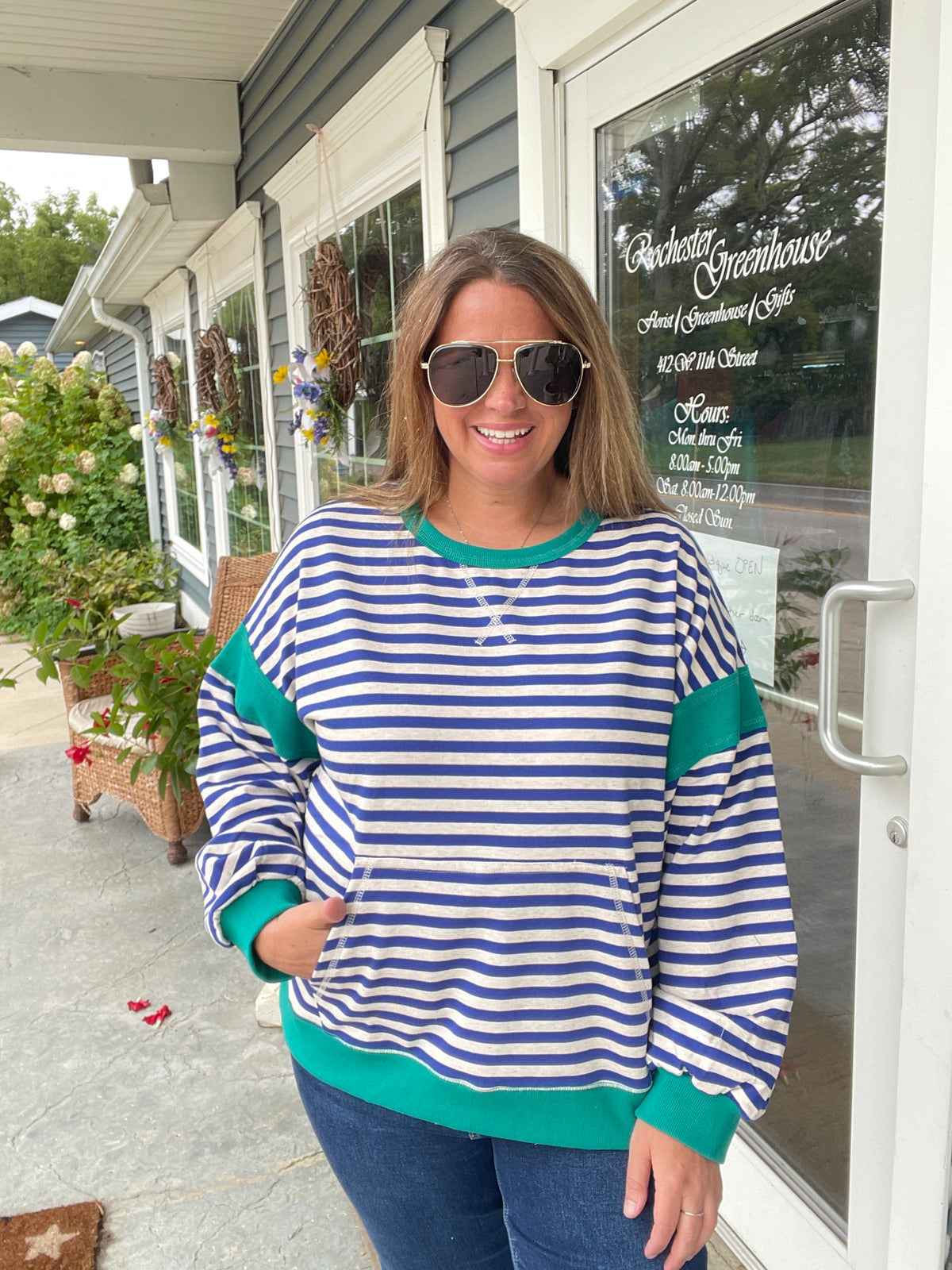 ROYAL BLUE/TEAL STRIPED FRENCH TERRY TOP W/ KANGAROO POCKET