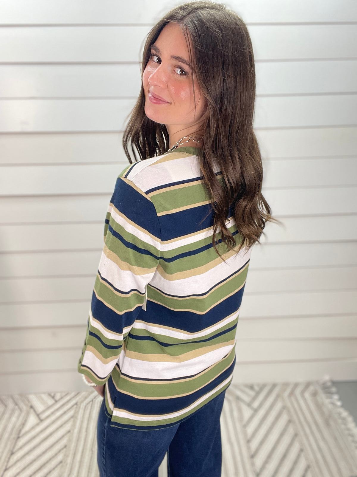 OLIVE/NAVY STRIPED 3/4 SLEEVE KNIT TOP