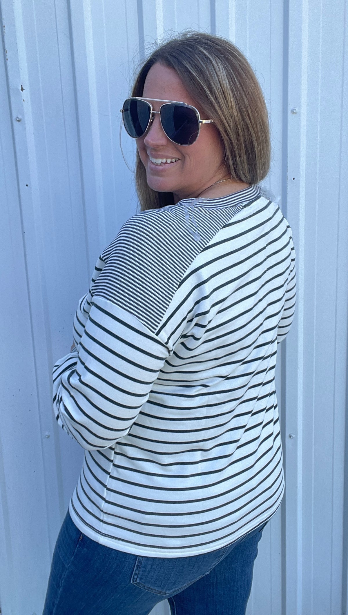 Ivory/Charcoal Half Button Long Sleeve Stripe Mixed Terry Top